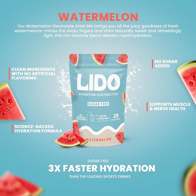 LIDO Watermelon Electrolyte Powder Packets — Clean Zero-Sugar Hydration Drink Mix with Balanced Sodium for Fast Replenishment — Vegan Paleo &amp Fasting Friendly — 28 Sticks