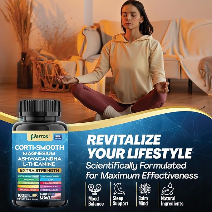 Corti-Smooth Cortisol Supplement Magnesium L-Theanine Ashwagandha Magnolia Bark Panax Ginseng Bacopa Monnieri GABA Lions Mane Ginkgo Biloba Phosphatidylserine Valerian Root (180 Caps)