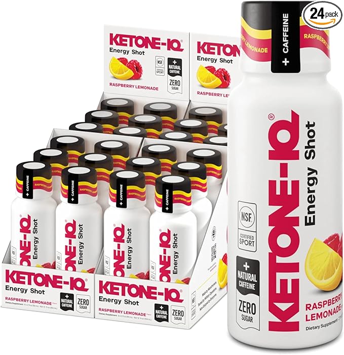 Ketone-IQ Ketone Energy Shots - 100mg Green Tea Caffeine 5g Exogenous Ketones and B Vitamins - 24 On The Go Caffeine Shots - Fast Acting Energy Drink (Raspberry Lemonade)