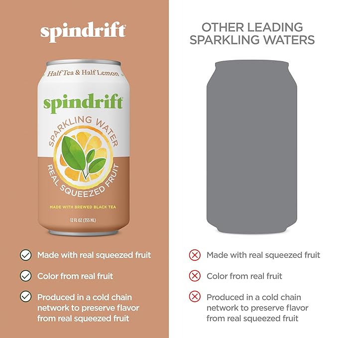 Spindrift Sparkling Water Half Tea &amp Half Lemon Flavored Made with Real Squeezed Fruit 12 Fl Oz Cans Pack of 24 (Only 5 Calories per Can)