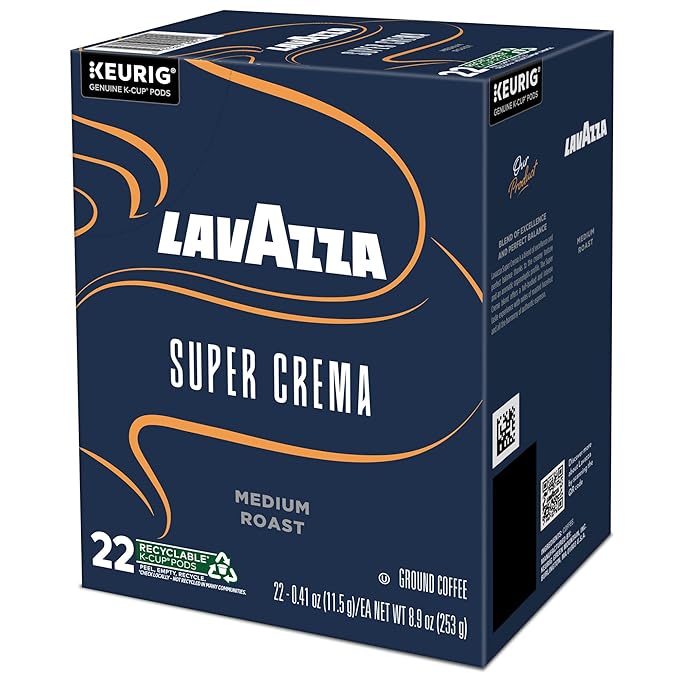 Lavazza Super Crema Single Serve Keurig K-Cup Pods Medium Espresso Roast Coffee 88 Count (4 Packs of 22)