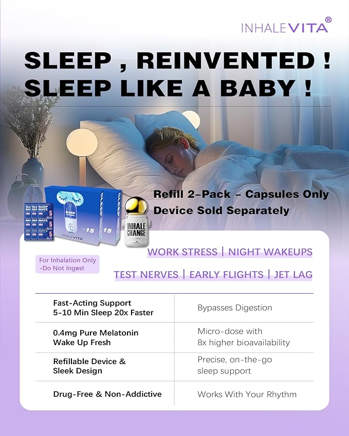Melatonin Inhaler Sleep Aid Capsules 30 Count（Device Required）| Fast-Acting with Advanced Absorption| 0.4mg Low Dose Zero-Sugar| Wake Refreshed PortableNon-Habit Forming