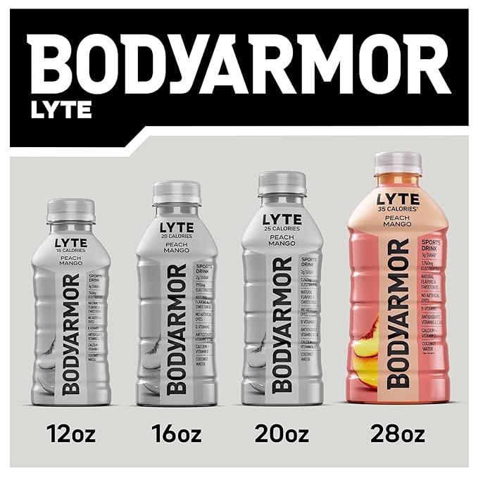 BODYARMOR LYTE Peach Mango Electrolyte Drink 35 Calories 28 Fl Oz Bottles (15 Pack) Coconut Water Sports Drink Natural Flavor &amp B Vitamins