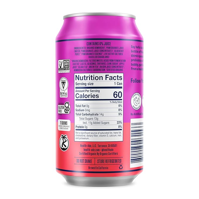 Health-Ade Pomegranate Blueberry Kombucha Organic Drink 12-Pack (11.5 Fl Oz Cans) - Fermented Tea with Probiotics Detoxifying Acids Supports Gut Health - Non-GMO Vegan Gluten-Free