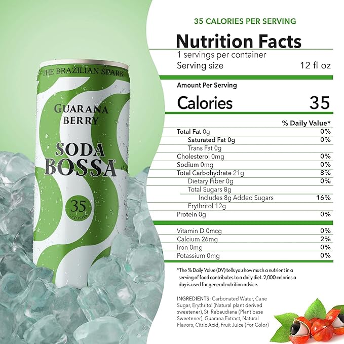 Soda Bossa Sparkling Soda Guarana Flavor Low-Calorie Gluten Free &amp Guilt-Free Sparkling Soda Drink - Natural Soda - Craft Soda 8-12 FL OZ Cans/Box (Pack of 1 Box)