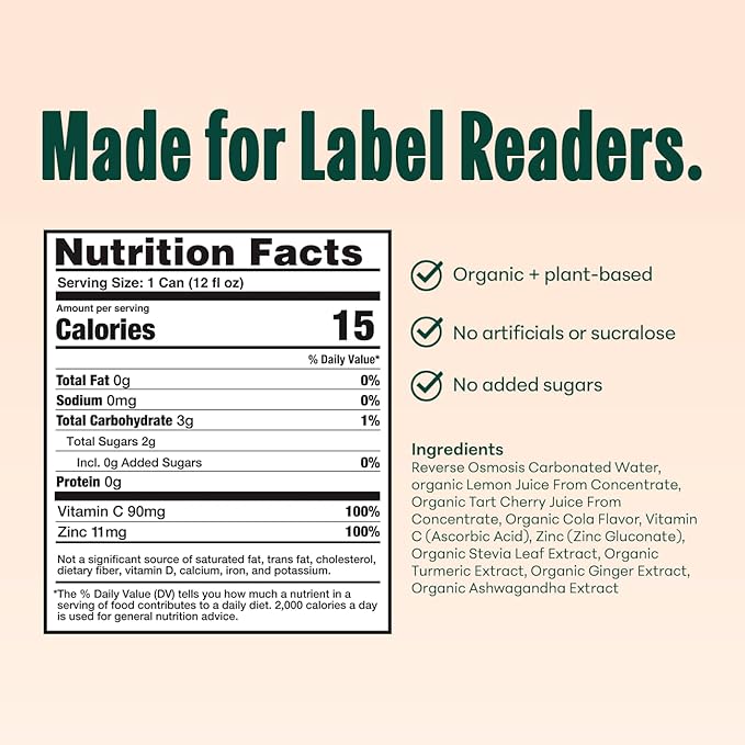 NOOMA - Daily Wellness Soda - Low Calorie &amp Low Sugar Healthy Soda - Organic &amp No Sucralose or Aspartame - Supports Muscle Recovery &amp Immune System - Vegan - Cherry Cola - 12 Pack (12oz ea
