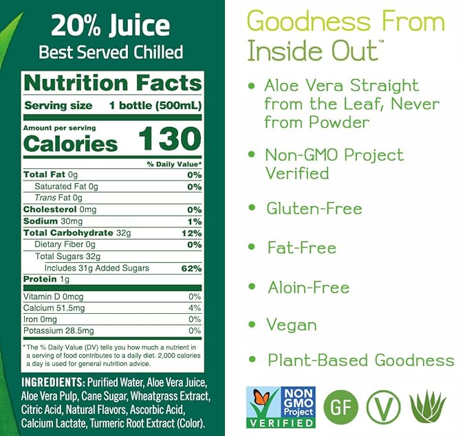 ALO Aloe Vera Juice Drink | AWAKEN - Aloe Vera + Wheatgrass | 16.9 fl oz Pack of 12 | Plant Based Drink with Real Aloe Vera Pulp