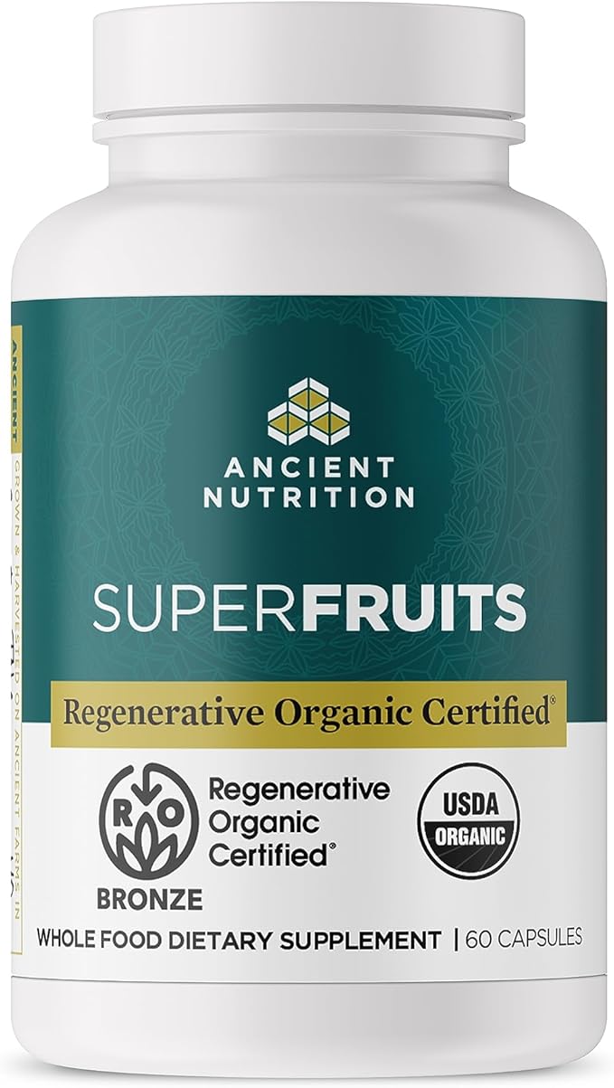 Ancient Nutrition Regenerative Organic Certified SuperFruits Capsules Supports Gut and Immune System Health Made with Probiotics Dragonfruit Mulberry and Goji 60 Count