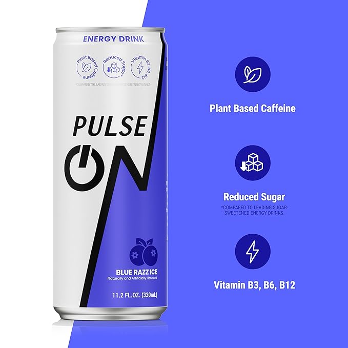 PulseOn Energy Drink- 200mg Natural Caffeine Taurine and Vitamin B|Blue Razz Ice Reduced Sugar 11.2 fl oz((Pack of 24)