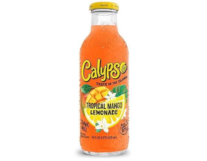Calypso Lemonade Tropical Mango Lemonade Made with Real Fruit 16 Fl Oz Glass Bottles (Pack of 12)