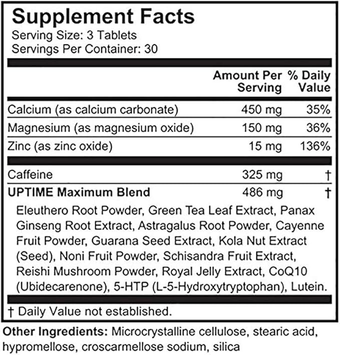 UPTIME Maximum Energy Tablets - Premium Blend - 325mg Natural Caffeine per Serving Calcium Magnesium Zinc CoQ10 5-HTP Zero Calories