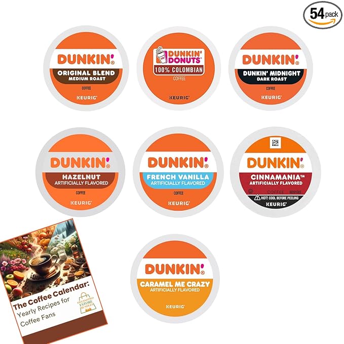 Dunkin K-Cup Variety Pack: 54 Keurig Coffee Pods 7 Flavors Medium &amp Dark Roasts Flavored K Cups - Hazelnut French Vanilla Caramel Cinnamania Coffee Kcups with Recipe eBook (54units 7 Flavor