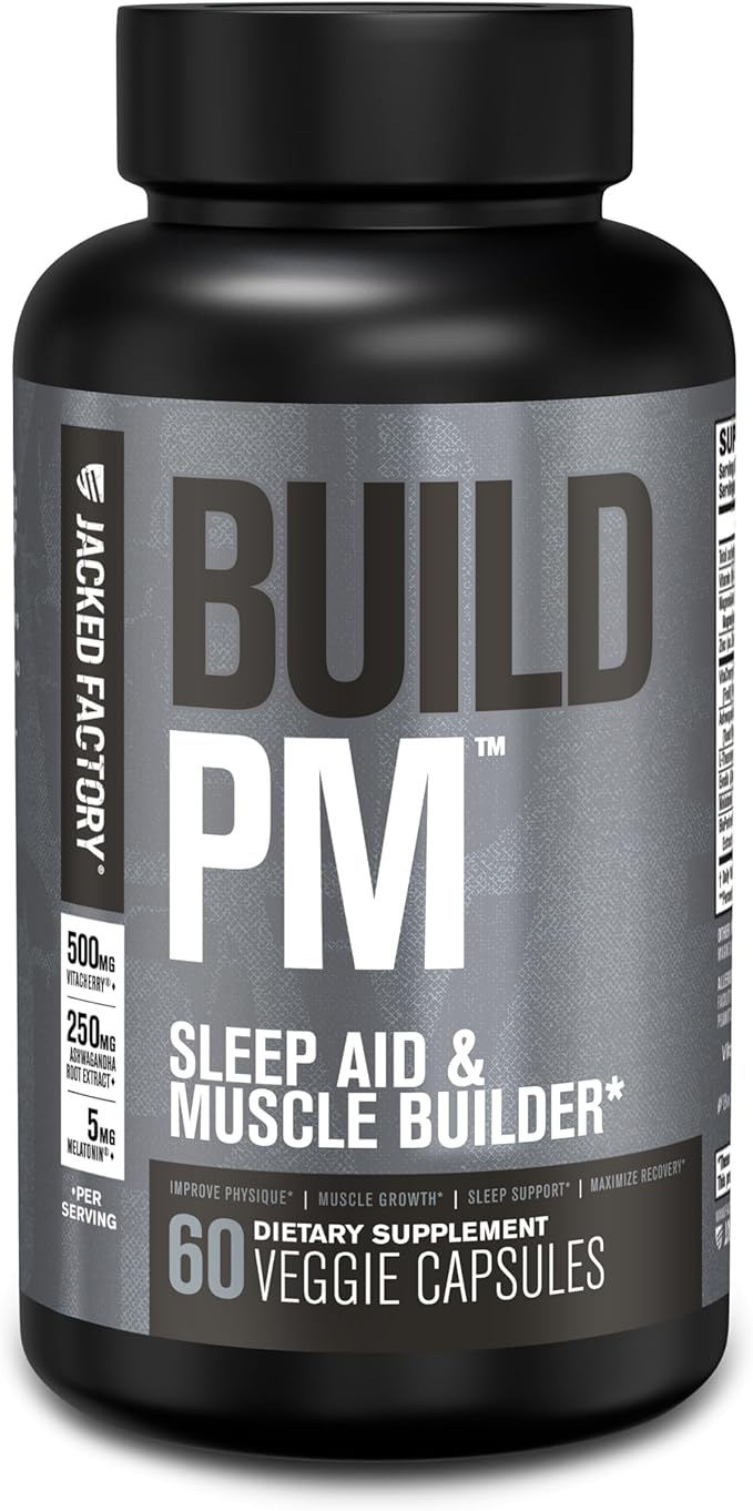 Jacked Factory Build PM Night Time Muscle Builder &amp Sleep Aid - Post Workout Recovery &amp Sleep Support Supplement w/VitaCherry Tart Cherry Ashwagandha &amp Melatonin - 60 Natural Veggie Pill