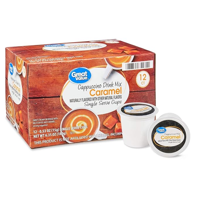 Great Value Cappuccino Coffee and Hot Drink Single Serve Pods 12 Count (Caramel Cappuccino Pack of 4)