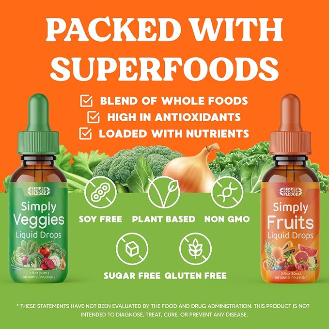 Simply Nature's Pledge - Fruit and Vegetable Supplements - Liquid Drops - Made with Whole Food Superfoods Packed Vitamins &amp Minerals - Soy Free - Made in The USA