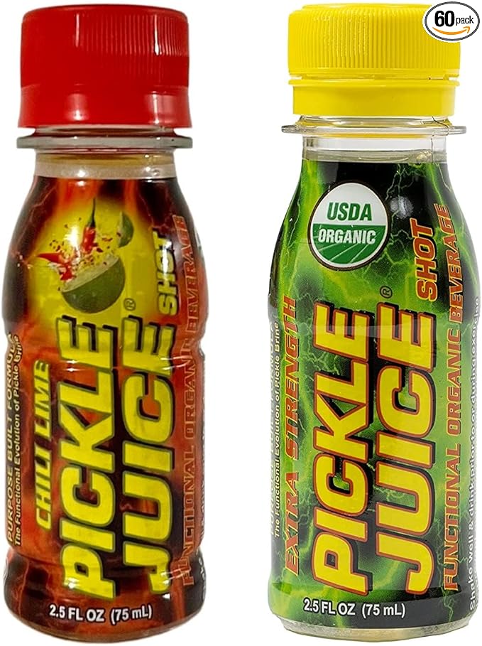 Pickle Juice Sports Drink Multi Pack - Extra Strength Regular &amp Chili Lime Shots - Electrolyte Pickle Juice Shots for Day &amp Night Time Leg Cramp Relief - 2.5oz 60 Units