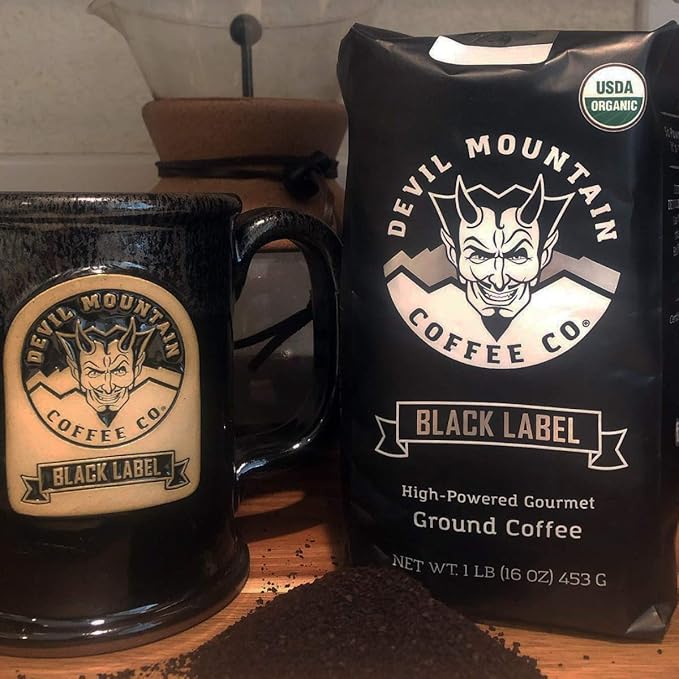 Devil Mountain Coffee Black Label Dark Roast Ground Coffee Strong High Caffeine Coffee Grounds USDA Organic Fair Trade Gourmet Artisan Roasted Strongest Coffee in the World 80 oz Bag