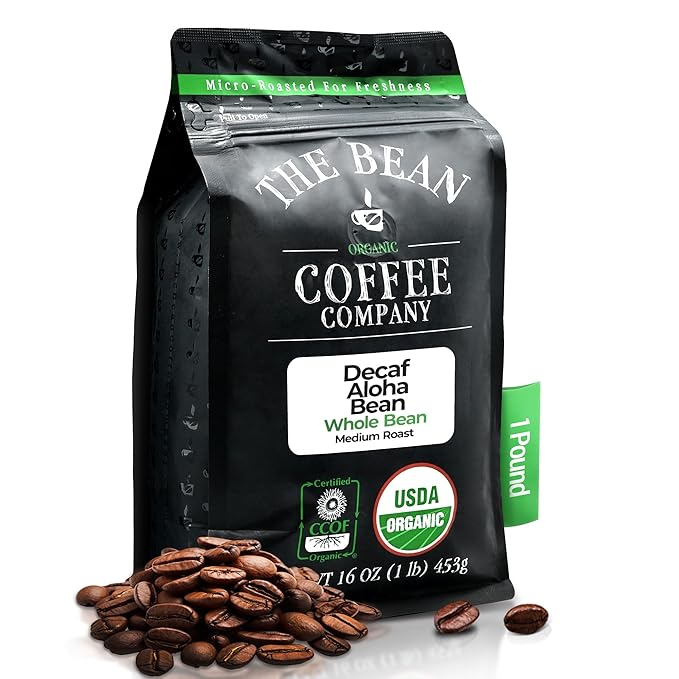 The Bean Organic Coffee Company Water Processed DECAF Aloha Bean (Hawaiian Hazelnut) Medium Roast Whole Bean Coffee 16-Ounce Bag