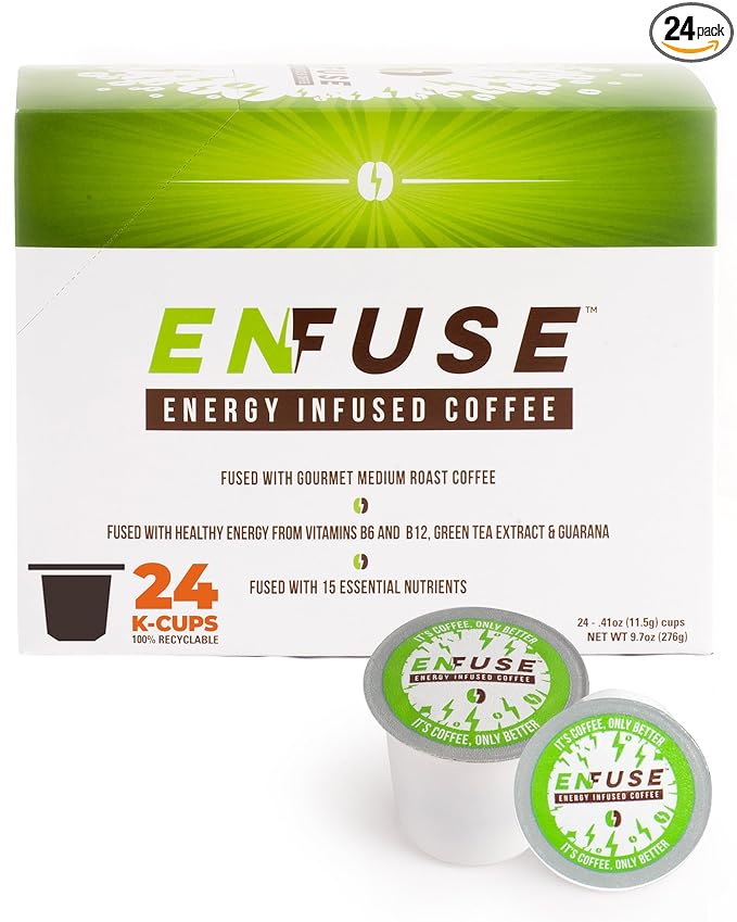 EnFuse by VitaPerk Vitamin Coffee with 15 Essential Nutrients - Gluten Free with Low Calorie Focus Coffee with Extra Caffeine Arabica Beans Medium Roast Blend  24 Pods Compatible with Keurig K-Cup Br