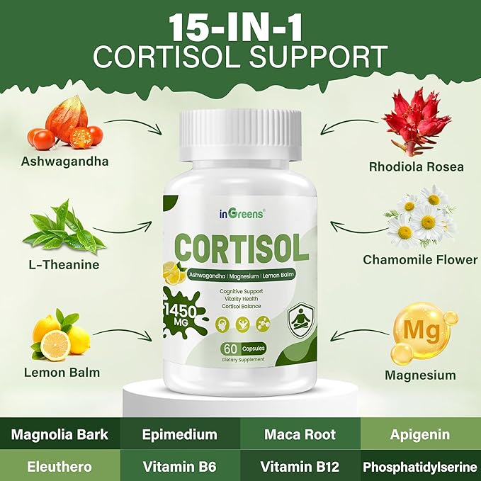 Cortisol Supplement 15-in-1 Cortisol Manager with Ashwagandha L-Theanine &amp Magnesium Supports Cortisol Health Relaxation &amp Restful Sleep 120 Capsules