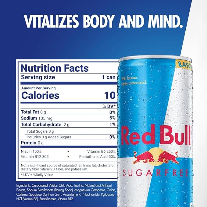Red Bull Sugar Free Energy Drink with 80mg Caffeine plus Taurine &amp B Vitamins 8.4 Fl Oz Pack of 16 Cans