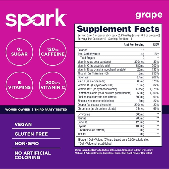 AdvoCare Spark - Energy Drink Mix - Vitamin &amp Amino Acid Supplement - Supports Energy &amp Focus* - Portable Immune Support* - Sugar-Free - Grape 14 Stick Packs (3.5 oz)