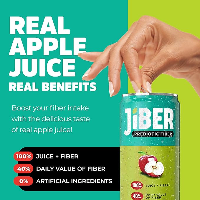 JIBER High Fiber Apple Juice Drink - No Sugar Added - 12 fl oz Apple Juice Cans with 40% Daily Fiber - Prebiotic Drink- Healthy Drinks for Kids - Juice for Teens Adults &amp Seniors (12 Pack)