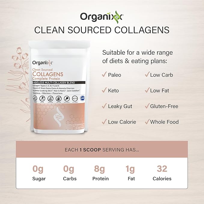 Organixx Clean Sourced Collagens (20 Servings) &amp OrganiGreens (30 Servings) Bundle Daily Super Greens &amp Protein w/Vitamin C &amp Zinc Supports Digestion Skin Hair Nails &amp Joint Healt
