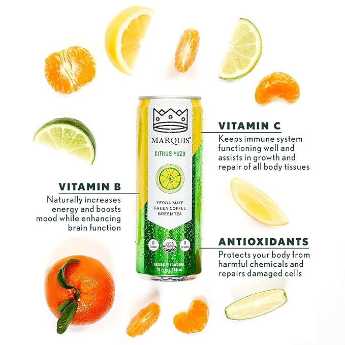 Organic Green Tea + Yerba Mate Drink by Marquis |Antioxidant Infused Sparkling Beverage | Zero Sugars Zero Calories | Citrus Yuzu Flavor Super Tea | Pack of 12 (12 oz Cans)