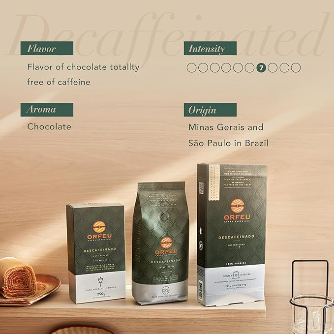 ORFEU - Special Decaf Coffee - 100% Arabica Coffee Roasted &amp Ground Medium Roast Made in Brazil Chocolate Notes Low Acidity Caramel Fruity &amp Floral Aroma - 250g (8.8oz)