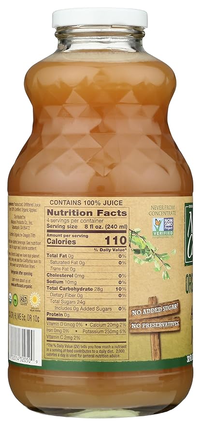 North Coast Organic Apple Juice No Added Colors or Preservatives No Added Sugar Kosher USDA Certified Organic Gluten Free &amp Non-GMO 32 Fluid Ounce (Pack of 6)