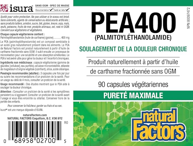 Natural Factors PEA400 - Pure Palmitoylethanolamide for Relief - Supports Nervous System &amp Occasional Discomfort - Non-GMO - 90 Capsules (90 Servings)