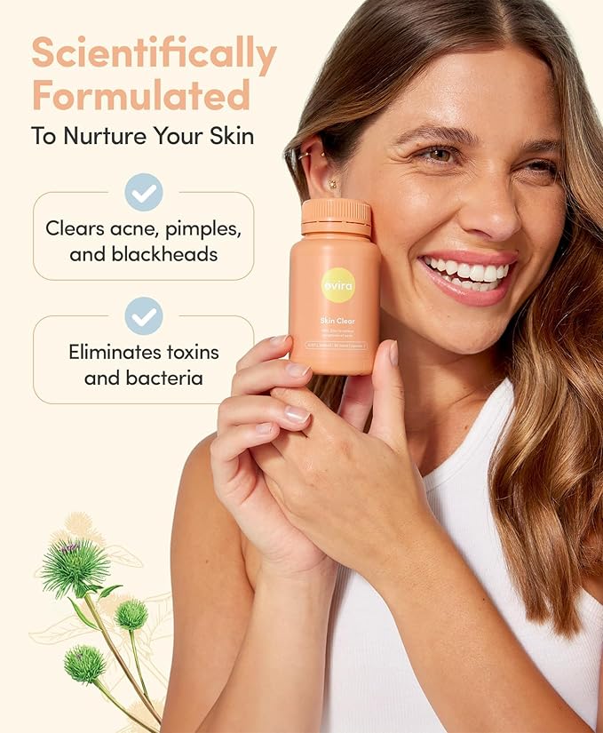 Ovira Skin Clear with ZINCBRIGHT - 60 Capsules for Clear and Glowing Skin | Rosacea &amp Hormonal Acne Treatment | Support Collagen Production | Acne Supplements for Women &amp Men - Pack of 2