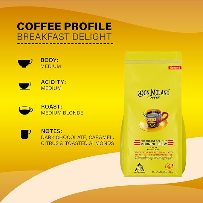 Don Molano Coffee Breakfast Delight Morning Brew Ground Coffee Medium Blonde Roast 16oz - Premium Colombian Coffee Halal Certified – Awakens your senses with some of Colombia’s finest and most vibran
