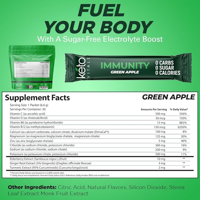 Keto Vitals Immunity Sugar Free Electrolytes Powder with Vitamin C Ginger Turmeric &amp Elderberry - Boost Your Immune System and Rehydrate Your Body - Green Apple Flavor 30 Count