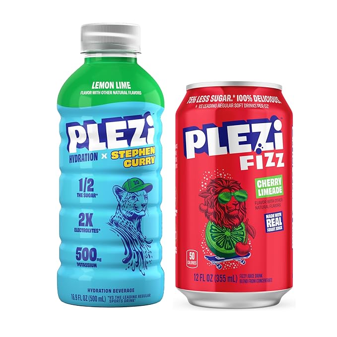 PLEZi Hydration &amp Sparkling Juice Drink Bundle – Lemon Lime x Stephen Curry &amp FiZZ Cherry Limeade – No Added Sugar Low Sugar 2X Electrolytes &amp Fiber – 16.9 Fl Oz + 12 Fl Oz (24 Pack Tota