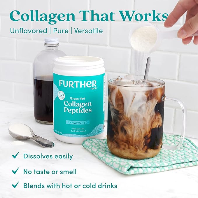 Further Food Unflavored Collagen Peptides Powder - 100% Grass-Fed Hydrolyzed Type 1 &amp 3 20g of Collagen per Serving Supports Skin Hair Nails &amp Joints 21.16 Oz