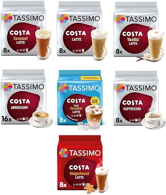 Tassimo Coffee Tea Chocolate Pods. Pick Any 5 Packs from 50+ Blends Including Kenco Costa Jacobs Hot Chocolate Chai latte Baileys Cadbury Milka Oreo Cafe Hag and More.