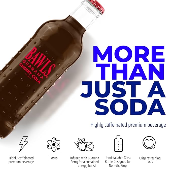 BAWLS Guarana Cherry Cola BAWLS Guarana Drink Guarana Soda Guarana Fueled Soda for Energy High Energy Caffeinated Drink 10oz 12 Pack Glass Bottles