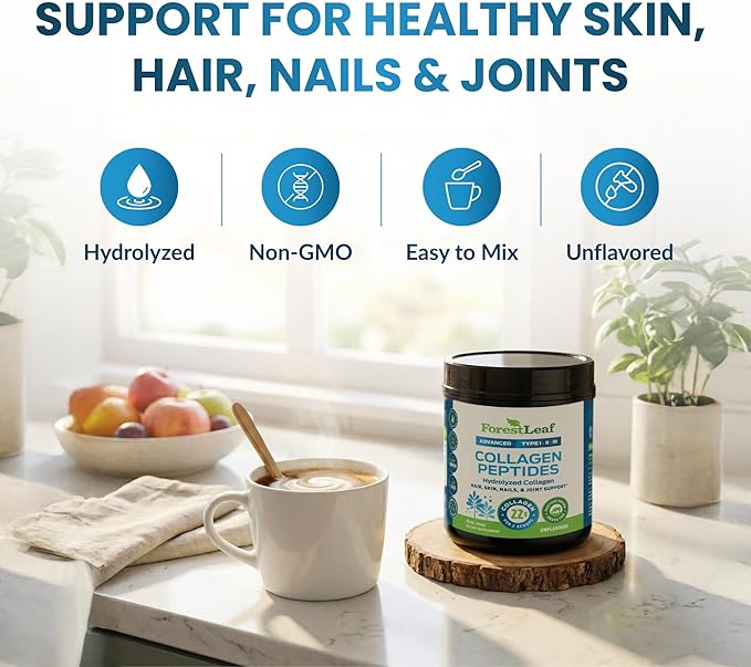 ForestLeaf Collagen Peptides Powder Unflavored - Hydrolyzed Grass Fed Keto Collagen Protein Powder Type 1 2 &amp 3 - Vital Hair Skin Nails Joints Recovery 11g Per Serving
