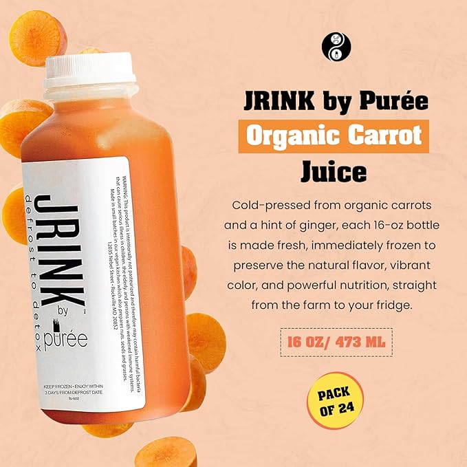 JRINK by Purée Organic Carrot Juice Cold Pressed Ginger Blend Healthy Cleanse Vegan Cold Press Beverage Non-GMO Organic Fruit and Vegetable Drink No Added Sugar 16 fl oz Bottles Pack of 24