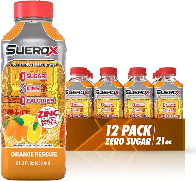 SueroX Sugar Free Sports Drink for Hydration and Recovery Electrolyte Hydration Drink with 8 Ions Zero Calorie Sports Drinks Orange Rescue 21.3 Fl Oz 12 Count