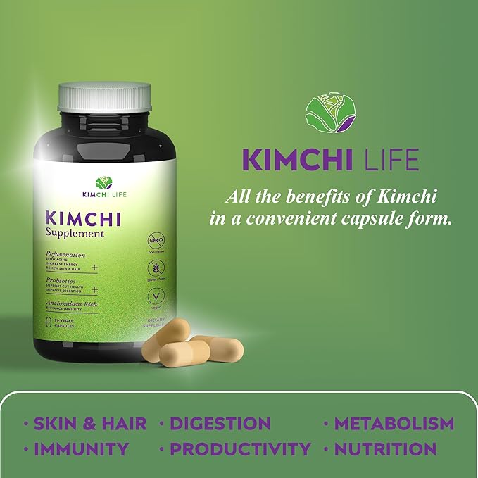 – Daily Capsules of Premium Fermented Kimchi - Vegan &amp Natural Nutritional Supplement - Probiotics for Gut Health &amp Immune Support – Enhance Energy Focus Skin and Hair Health