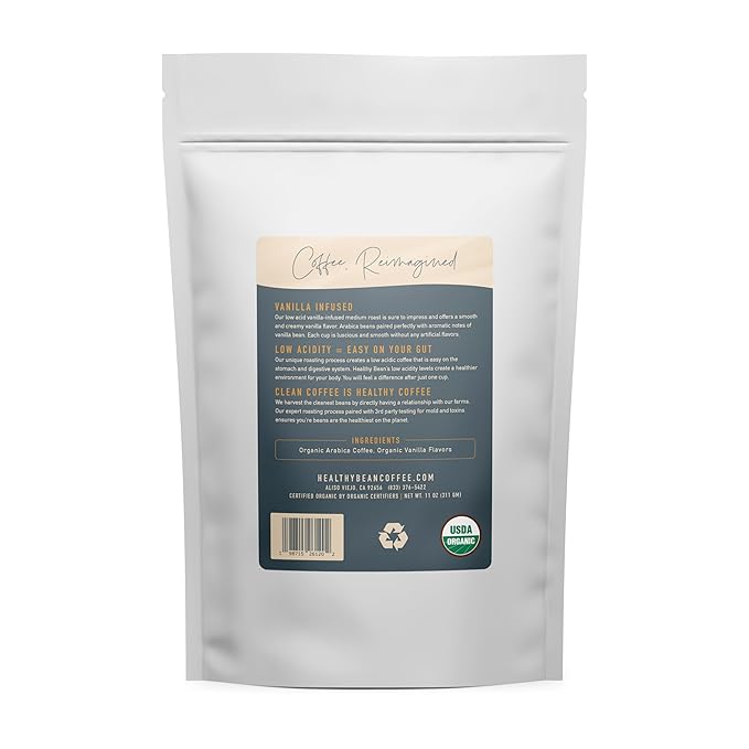 Healthy Bean Organic Ground Coffee Vanilla Infused - Low Acid Coffee Grounds for Sensitive Stomach - Medium Roast Blend USDA Organic High Antioxidants Smooth and Creamy Vanilla-Infused Flavor 11oz