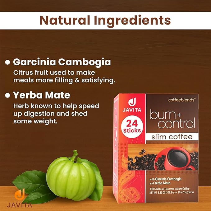 Burn + Control Instant Coffee – Smooth Arabica Blend with Garcinia &amp Yerba Mate – Supports Metabolism &amp Daily Energy – Convenient Slim-Style Coffee Mix (4 box/96 serv.)