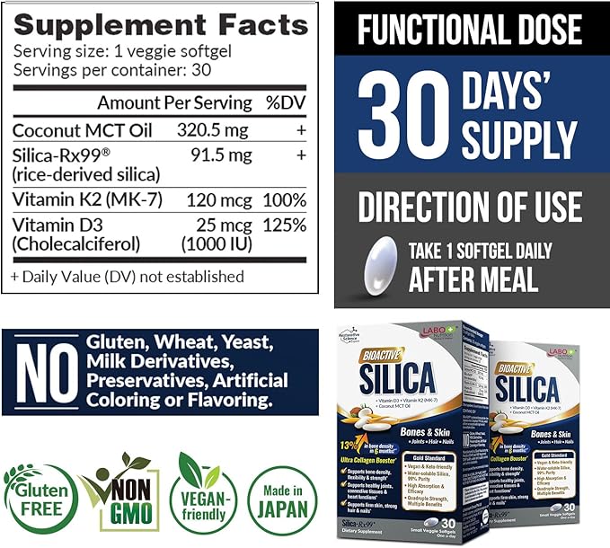 LABO Nutrition Bioactive Silica | Vegan Support for Strong Joint Bones &amp Healthy Collagen Production Glowing Skin Strong Hair &amp Nails | 99% Purity Rice-Derived Silica Supplement 30 Vegan S