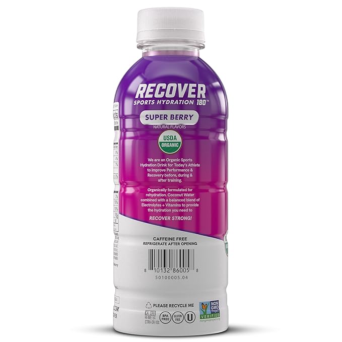 RECOVER 180 Organic Sports Hydration Drink No Sugar Added 20 Calorie Sports Beverage Organic Flavors With Vitamins Potassium-Packed Electrolytes (16.9 Fl Oz (Pack of 12) Super Berry)