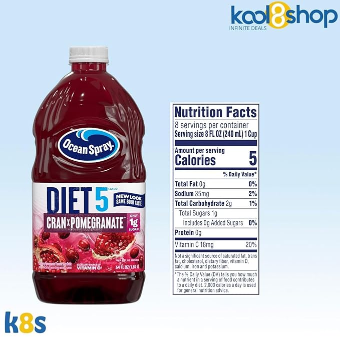 Ocean Spray Diet Cran Pomegranate Juice Drink 64 fl oz Plastic Bottle 4 Pack + 15 Sugarcane Disposable Straws by KOOL8SHOP Infinite Deals