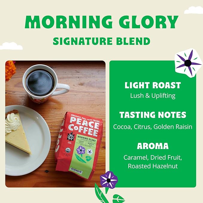 Peace Coffee Morning Glory Signature Blend | 20 oz Ground Light Roast | Organic Fair Trade | Smooth Mild Flavor | Shade Grown Fresh Roasted