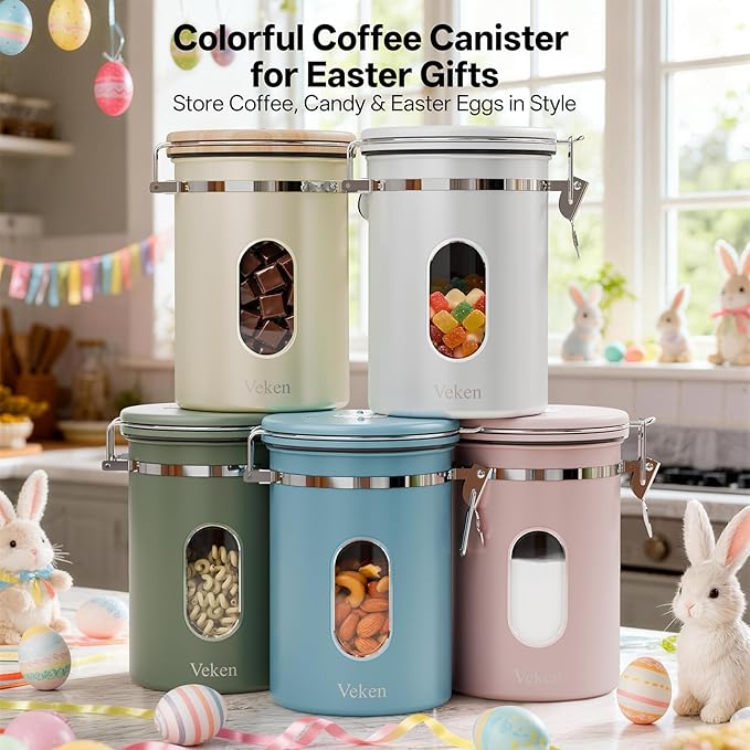 Veken Coffee Canister with Window Easter Gifts Airtight Stainless Steel Container with Lids Home Kitchen Food Storage Jars for Grounds Beans Tea Flour Cereal Sugar Basket Scoop 22OZ Pink